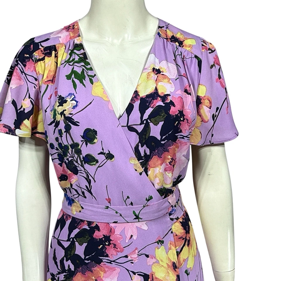 New York & Company Wrap Dress Womens Small Orchid Floral Lined Cottagecore Soft - Image 3 of 4