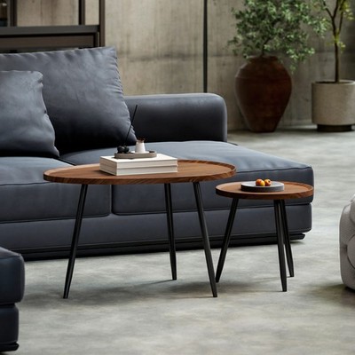 Satz Couchtisch, 2er Set Beistelltisch mit Metallbeinen, Kastanienholzoptik