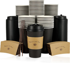16 oz Paper Coffee Cups with Lids and Sleeves, Disposable Hot Cold Drink Cups