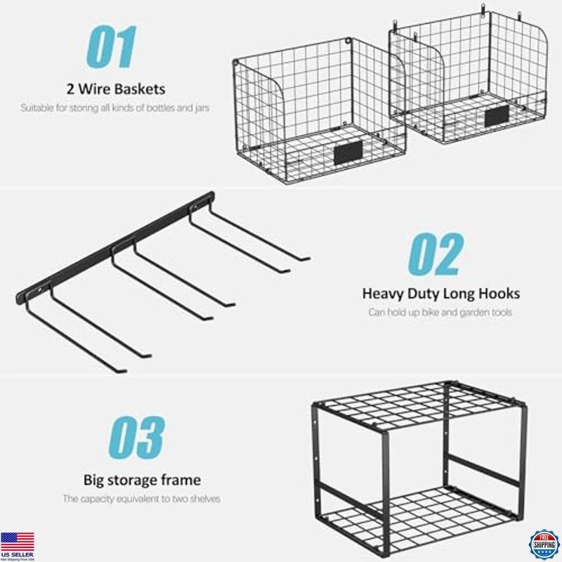 Heavy Duty Wall Mounted Garage Shelf with Wire Baskets & Tool Hooks Organizer Foto 4 de 4