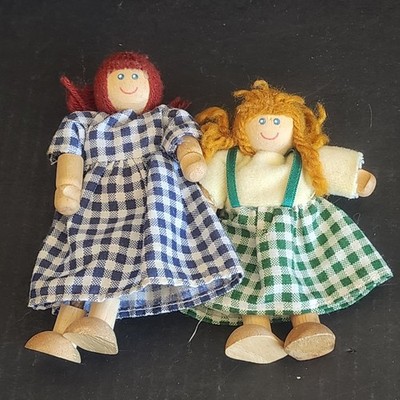 Vintage BATTAT Wooden Dollhouse Figures - Lot of 2 Poseable Dolls Gingham...