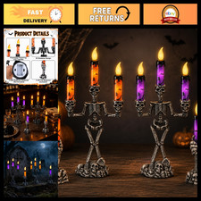 4Pcs LED Skull Candelabra Halloween Decor, Skeleton Candle Holders for Spooky Ni