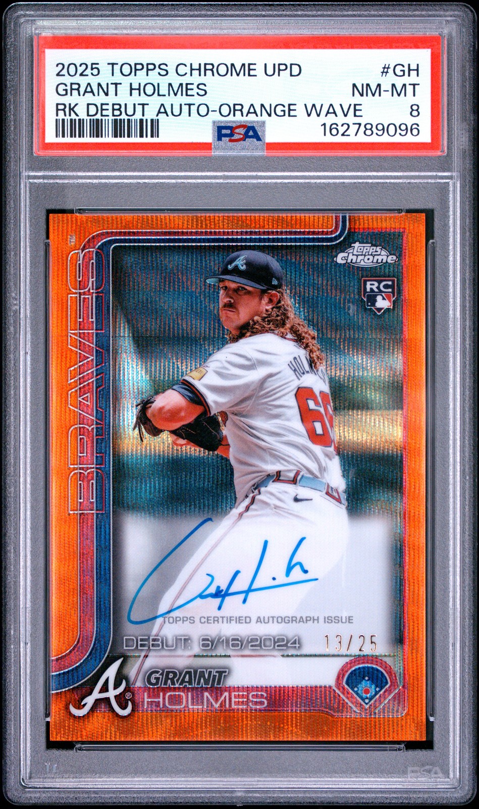 2025 TOPPS CHROME UPDATE ROOKIE DEBUT AUTO ORANGE WAVE GRANT HOLMES 13/25 PSA 8 view 1
