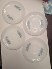 Set Of 4 Vintage Fire King Bonnie Blue Floral Saucers/Plates Flowers MCM 6" Mint
