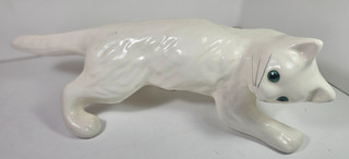 Vintage White Pottery Camark Climbing Cat Green Eyes Mid Century Modern
