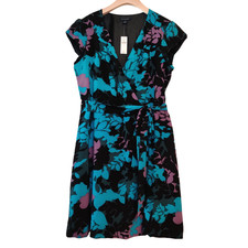 Banana Republic Floral Print Wrap Dress Size 14 Teal Black Party Wedding Y2K NWT