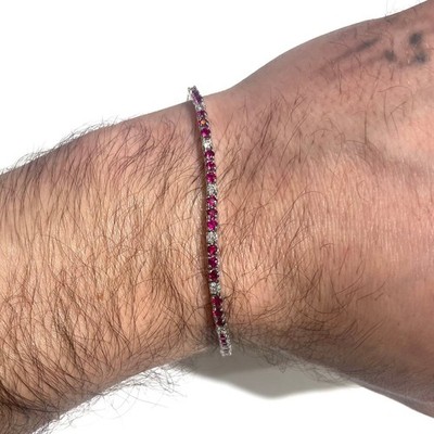 Men's Red Rubies & White Diamond Tennis Bracelet in 14K White Gold Over Size 8''