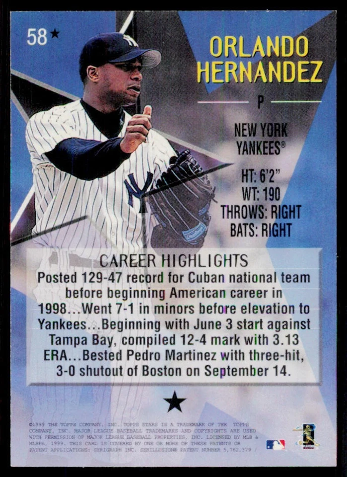 1999 Topps Stars #58 Orlando Hernandez New York Yankees One Star - Image 2 of 2