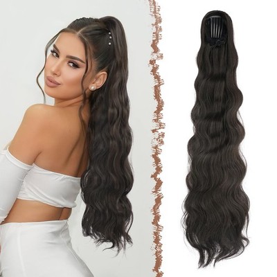  FESHFEN Pony-Haarverlängerung, Dunkelbraun, Nr. 6, lockig, 75 cm, Clip-in