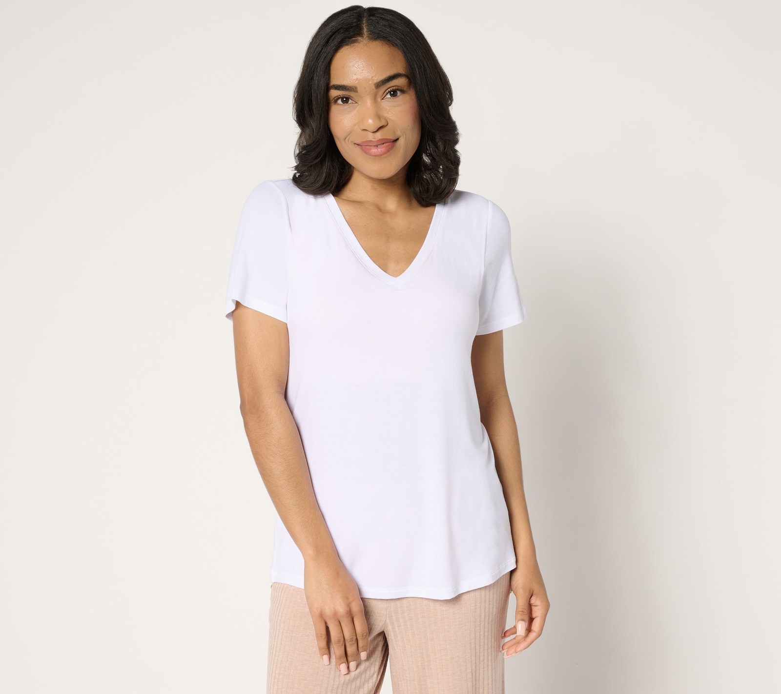 Fashion Women's Top Sz M Soothing Jersey Short Sleeve V-Neck with White A686335