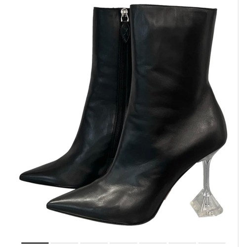 AMINA MUADDI Black Leather Pointed Toe Stiletto Ankle Boots Clear Heel 39