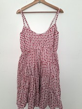 LOUD Originals Geometric Red White Print Strappy Sun Dress Tiered Cotton L Boho