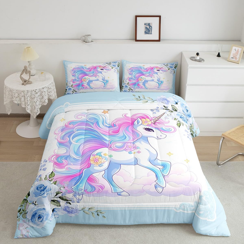 Manfei Watercolor Rainbow Blue Floral Comforter Set 3 Pcs Queen Sizeromantic