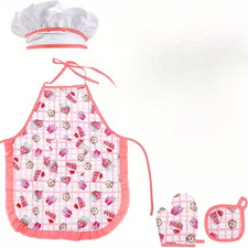 4pcs Chef Role Play Costume Set Cake Apron, Chef Hat, Cooking Mitts Utensils W