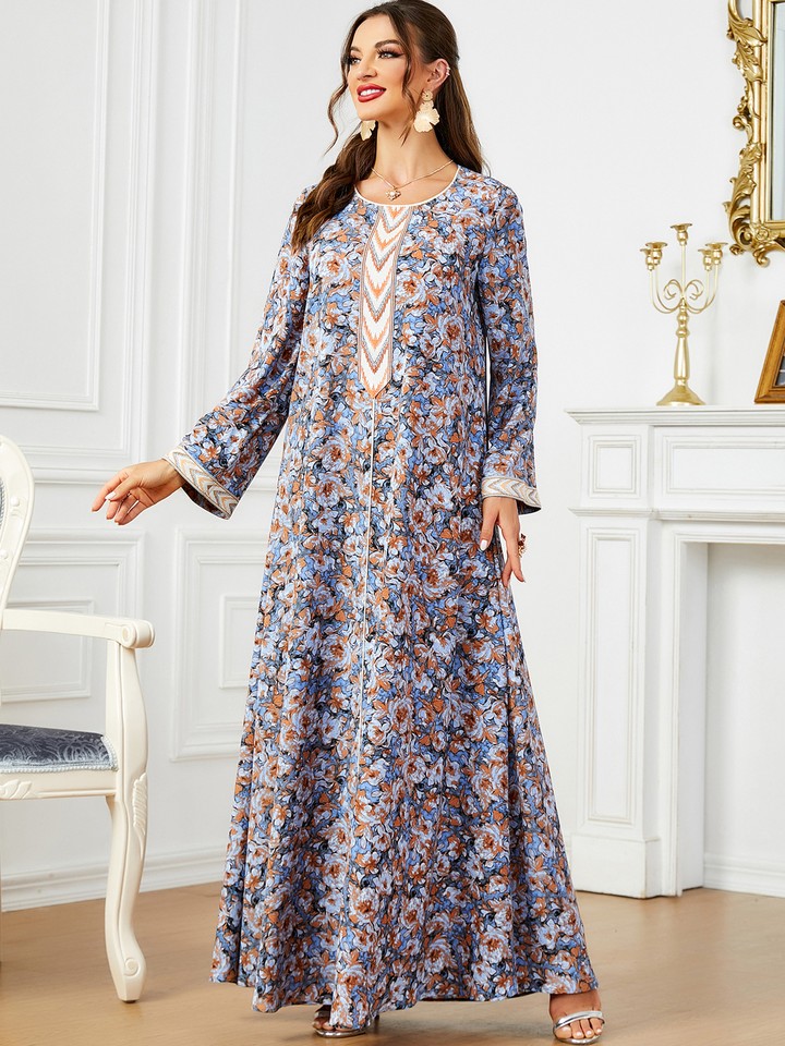 Muslim Women's Swirl Embroidered Maxi Dress - 70164 Cappuccino