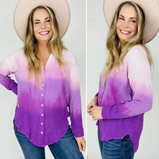 NWT Davi & Dani Ombre Long Sleeve Button-up Shirt 2XL Purple Pink Crepe Rayon