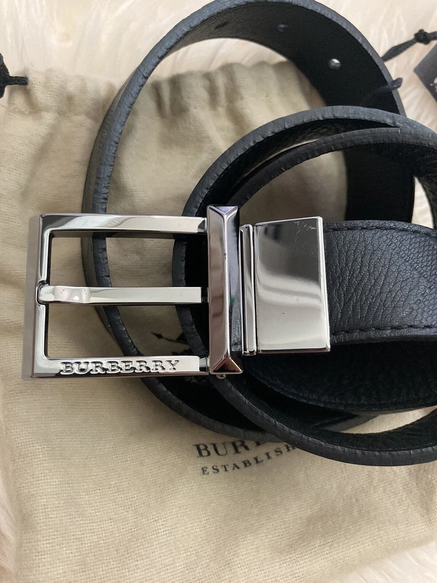 NWT 100% AUTH Burberry Mens Plaid Stamp Black Leather Reversible Belt Sz 95/38
