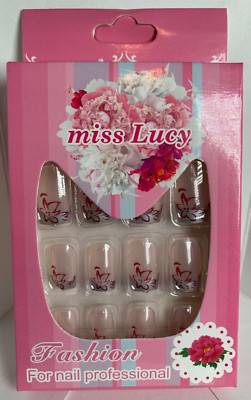 Miss Lucy Fashion Nails 12p Set FULL KIT silver tip with red flower detail