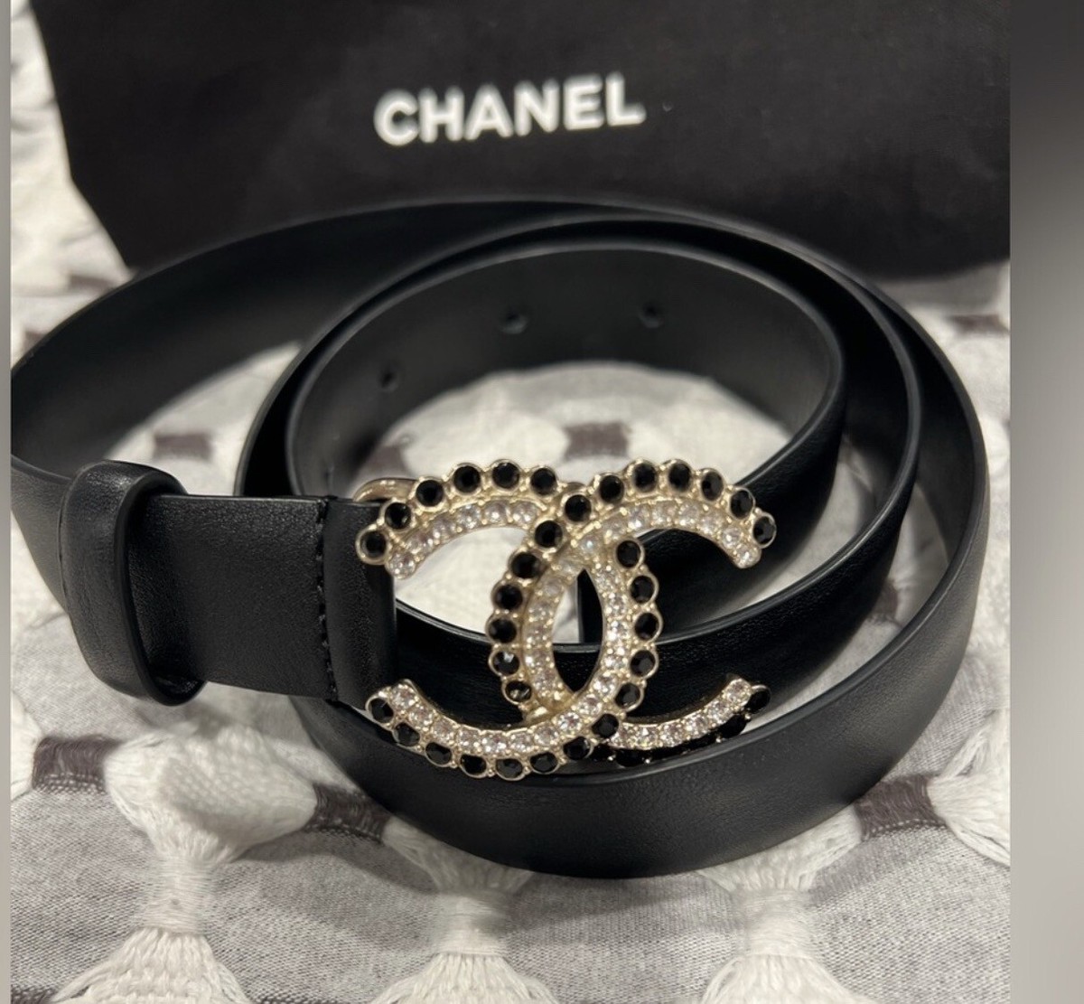 CHANEL Black Lamb Leather Belt Crystal CC LOGO Buckle 🔥New