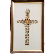 Vintage Jewelry Framed Art Collage CROSS LARGE 33x20 Rhinestone AB Religious 