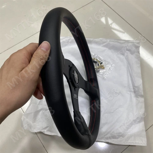 Mugen Genuine Leather Steering Wheel 340mm Flat bracket Drift Horn Red Stitching - Picture 7 of 8