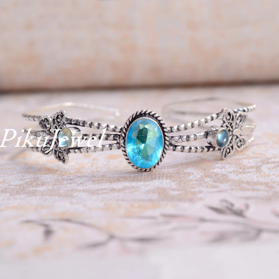 Blautopas mit Labradorit Edelstein 925 Sterling Silber Armreif Manschette für... - Bild 3 von 4