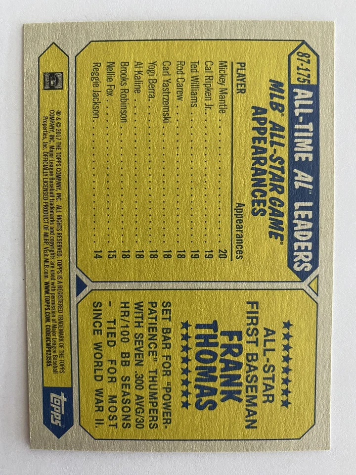 2017 Topps  #87-175 Frank Thomas 1987 Topps Baseball 30th Anniversary Card - Image 2 of 2