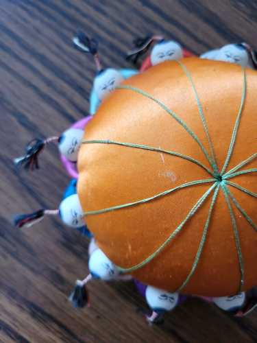Vintage Asian Orange Pin Cushion Sewing 5” With Twelve Children Around Outside - Picture 5 of 5