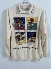Vintage 80s Sweatshirt Womens Large Collared Teddy Bear Cottagecore Granny Core
