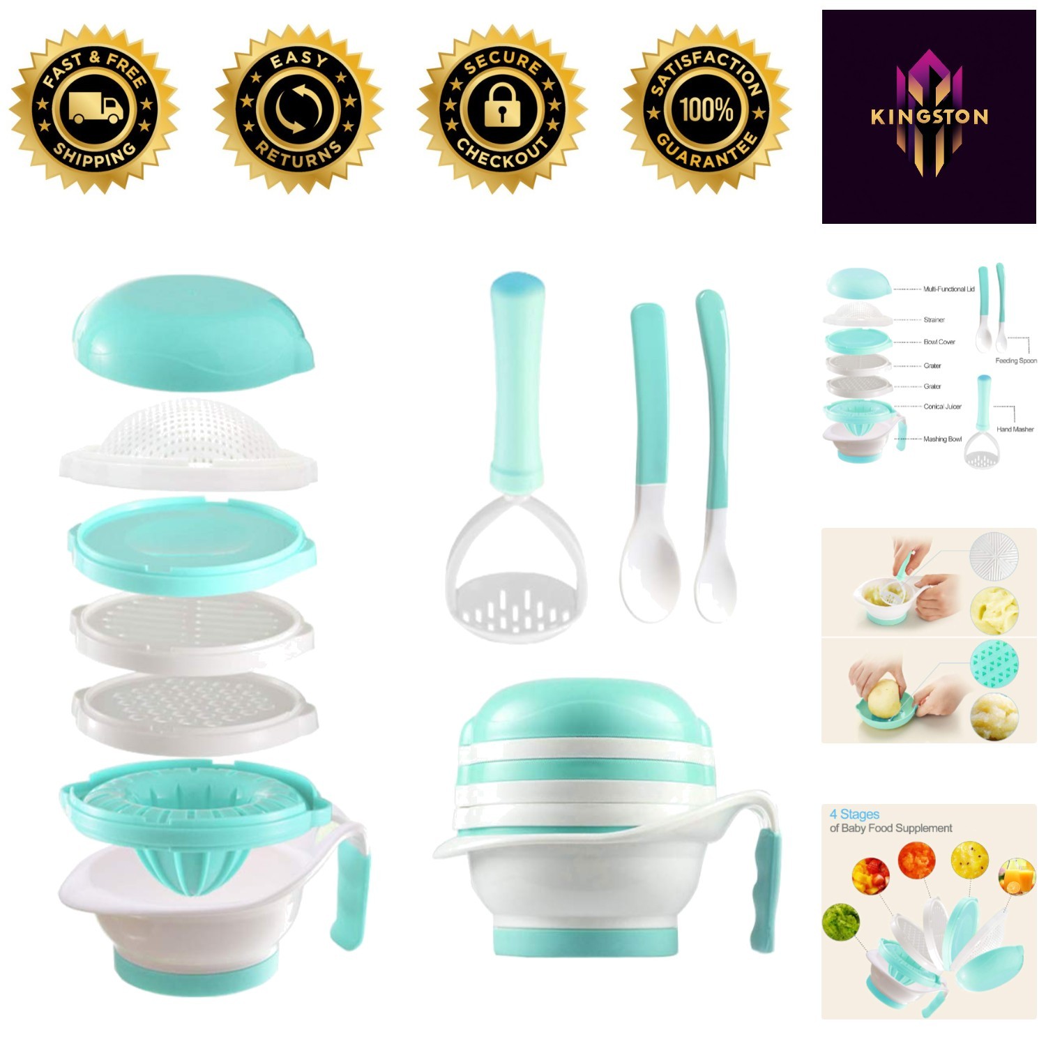 BPA-Free Baby Food Maker Set - Toddler Mill with Juicer & Grater in Mint Green