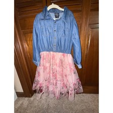 Pink Violet Girls Denim and Floral Tulle Tiered Dress Blue Pink Size 10