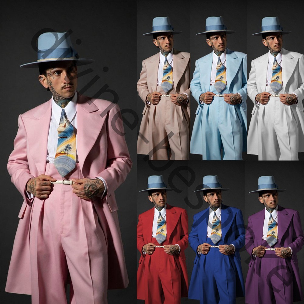 Fashion Men's Zoot Suits Peak Lapel Formal Wedding Groom Tuxedo Long Coat Pant