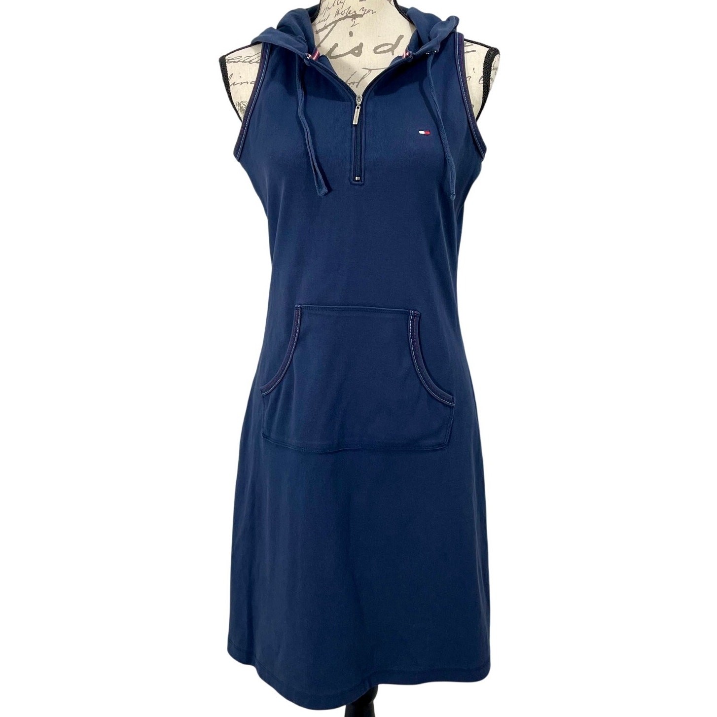 Vintage Y2K Tommy Hilfiger Cotton Hooded Zip Navy Blue Tennis Dress Size Medium