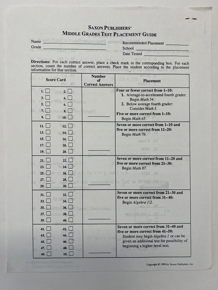 Saxons Middle Grades Placement Test~Math Homeschool Junior High ~ P11 02 - Image 2 of 2