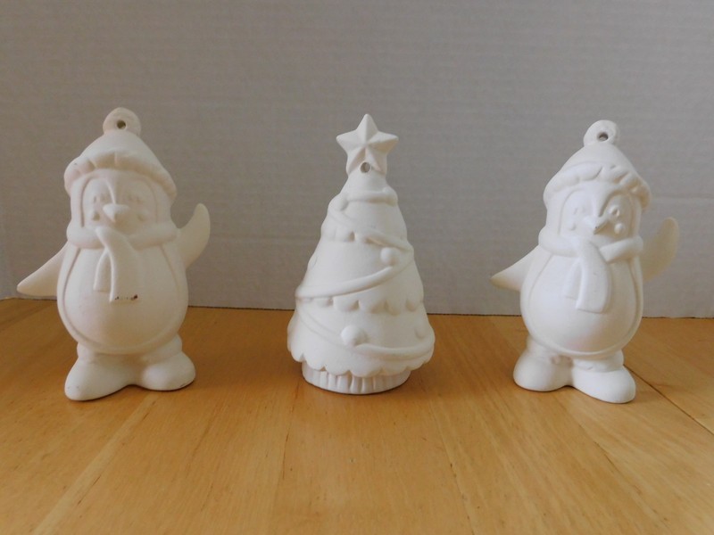3 Piece Happy Penguins Ceramic  to Paint Christmas Ornament Figures 5"