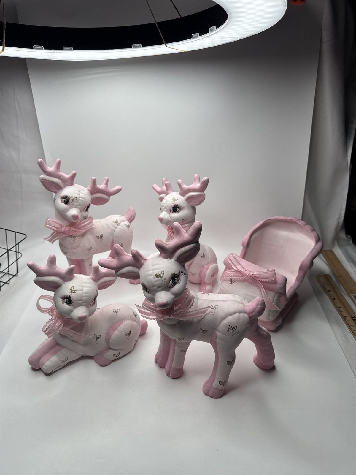 5pc Set of Ceramic Plush Design Pink Reindeer with Sleigh Christmas Decor MCM