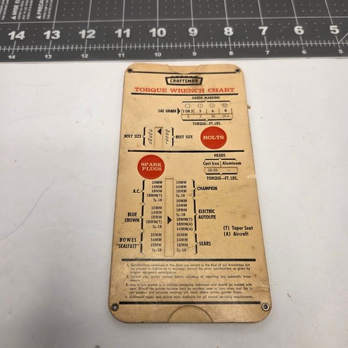 Vintage Craftsman Collectors Crown Logo Torque Wrench Chart