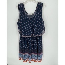 American Rag Cie Women's Navy Floral Chiffon Tiered Sleeveless Boho Dress Size M