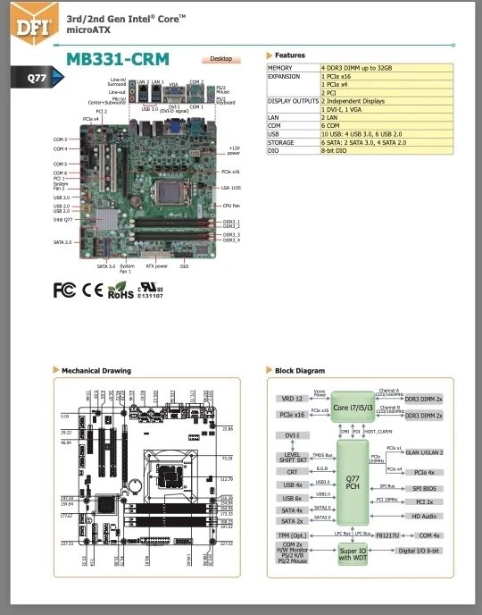 Industry Matx Mainboard Dfi Mb331-Crm 774-Mb3311-504G Lga1155 Ddr3 Intel Qm77 - Image 4 of 4