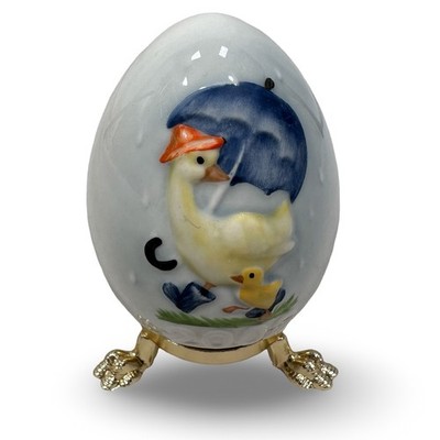 Goebel 2002 Annual Porcelain Egg Figurine Duck Umbrella Germany Gold Stand