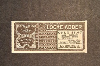 Antique Office Calculator Adding Machine - The Locke Adder - 1903-1904 AD LOT