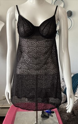 Y2K DKNY Sheer Lace Mesh Mini Slip Dress Black Underwire Chemise Sexy Goth Fairy
