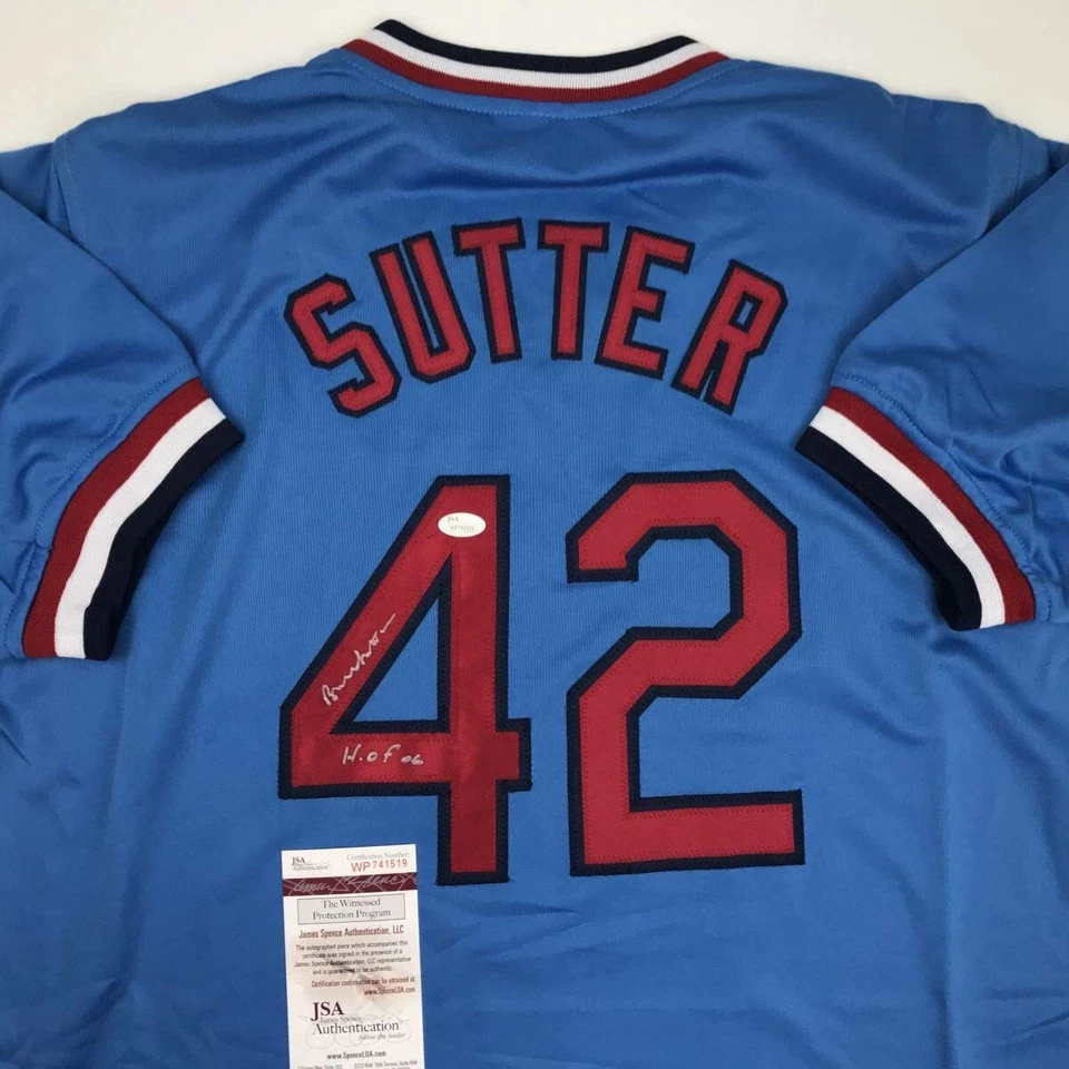 Autographed/Signed BRUCE SUTTER HOF 06 St. Louis Blue Baseball Jersey JSA COA - Image 2 of 4