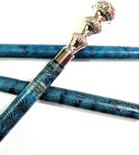 Brass Chrome Handle Blue Leather with Clock on Top Walking Stick Cane