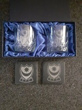 2x Pyrograph Engraved Crystal Glasses & Coasters - Portsmouth Crest on Gift Box.