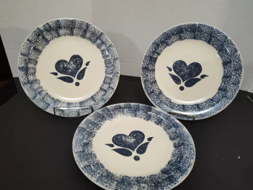 GIBSON MY HEART Blue Sponge Stoneware China 10"d Dinner Plates Set of 3