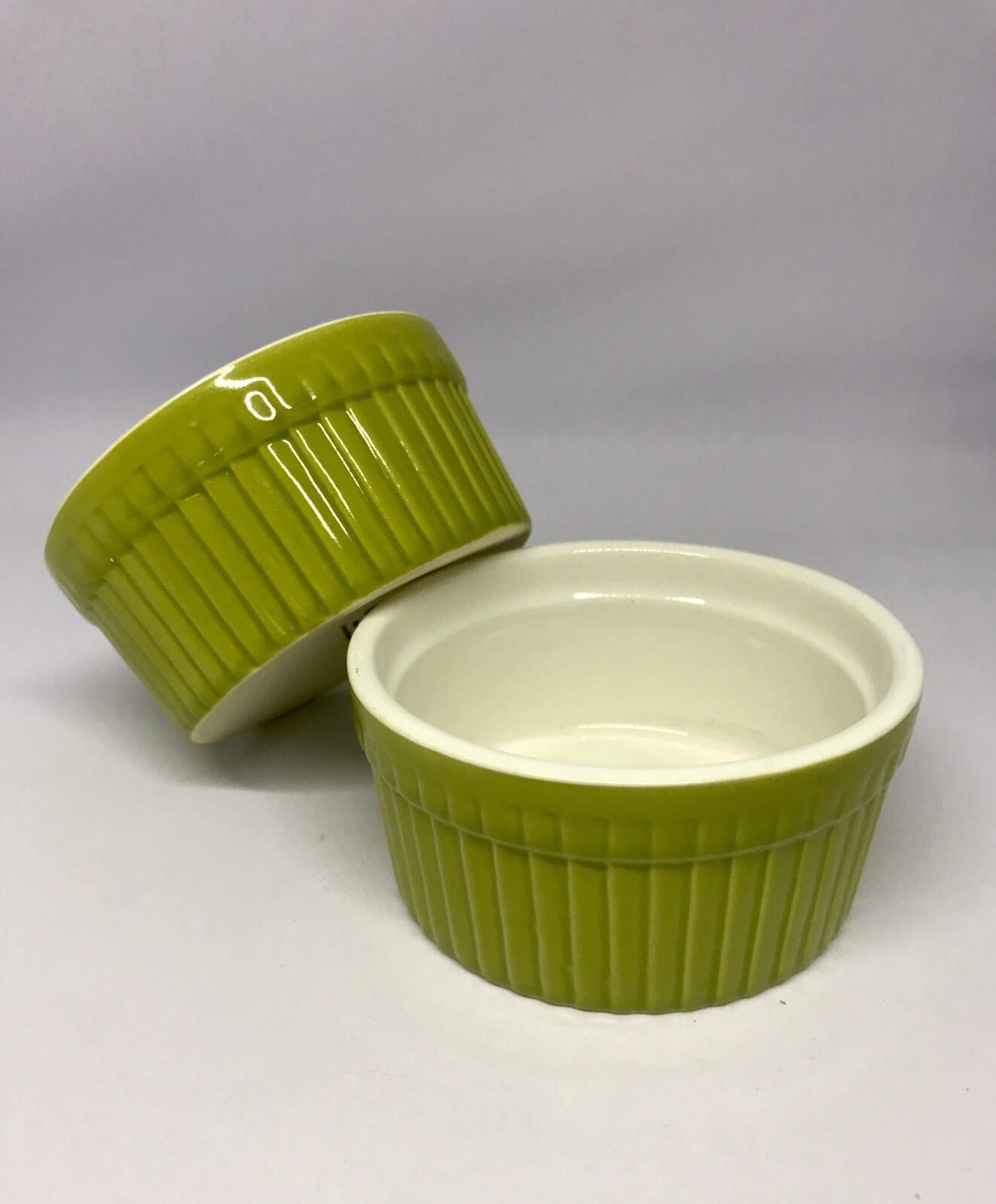World Market Ceramic Round Ramekins, Ribbed, Souffle Dishes Green Set