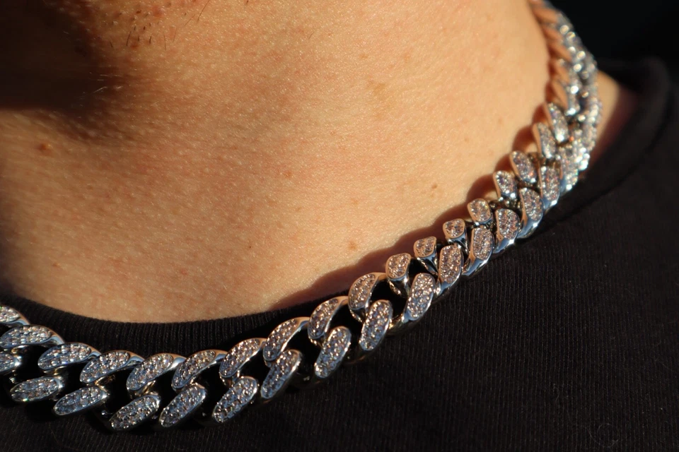 Cadena gargantilla 18 pulgadas 12 mm 14k oro blanco Miami eslabón cubano circonita cúbica VVS pesada sólida Foto 4 de 4