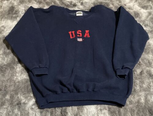 Vintage 80s Blue Embroidered America USA Blue Crewneck Sweatshirt Mens Large - Afbeelding 1 van 11