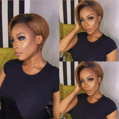Pixie Short Cut Brown Black 100% Human Hair Wig Lace Front Wig Remy Glueless 